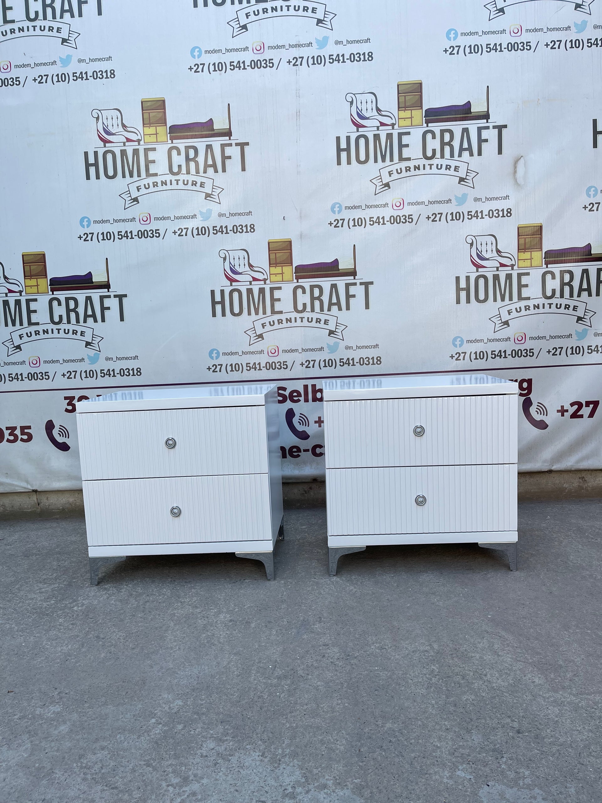 2 Drawer Pedestals With Lines & Silver Legs - White