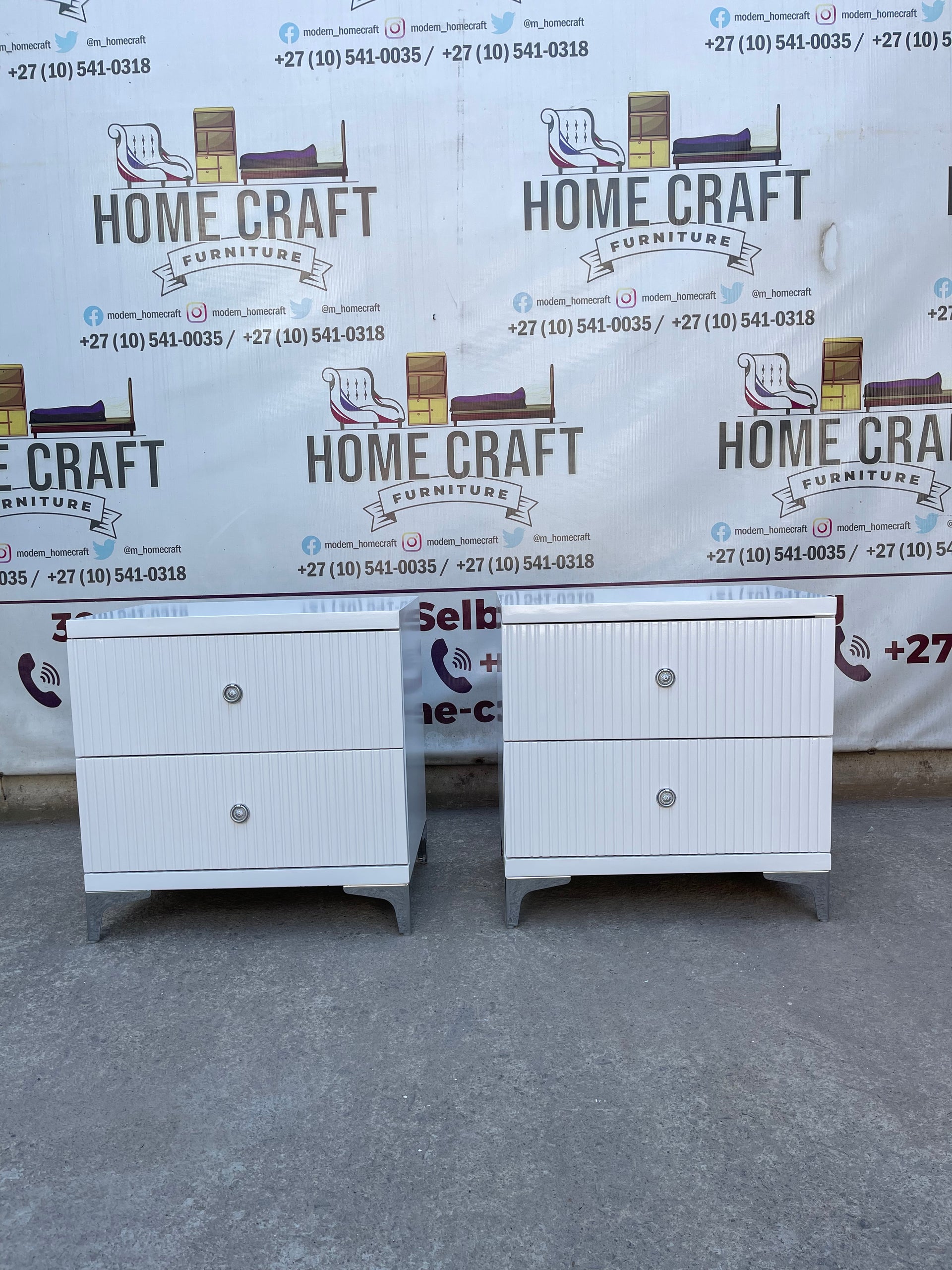 2 Drawer Pedestals With Lines & Silver Legs - White