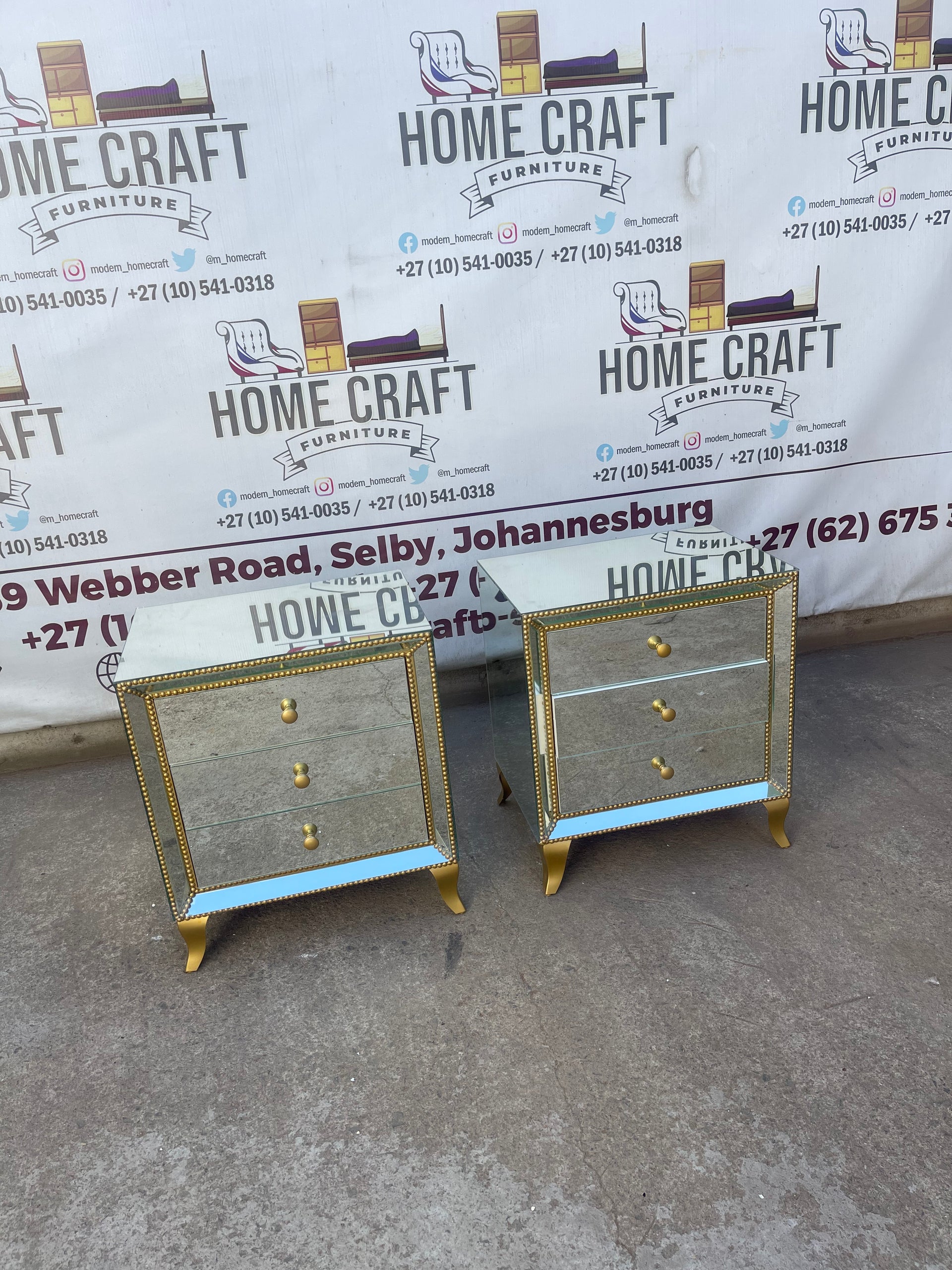 Face In - 3 Drawer Mirror Pedestals With Gold Studs