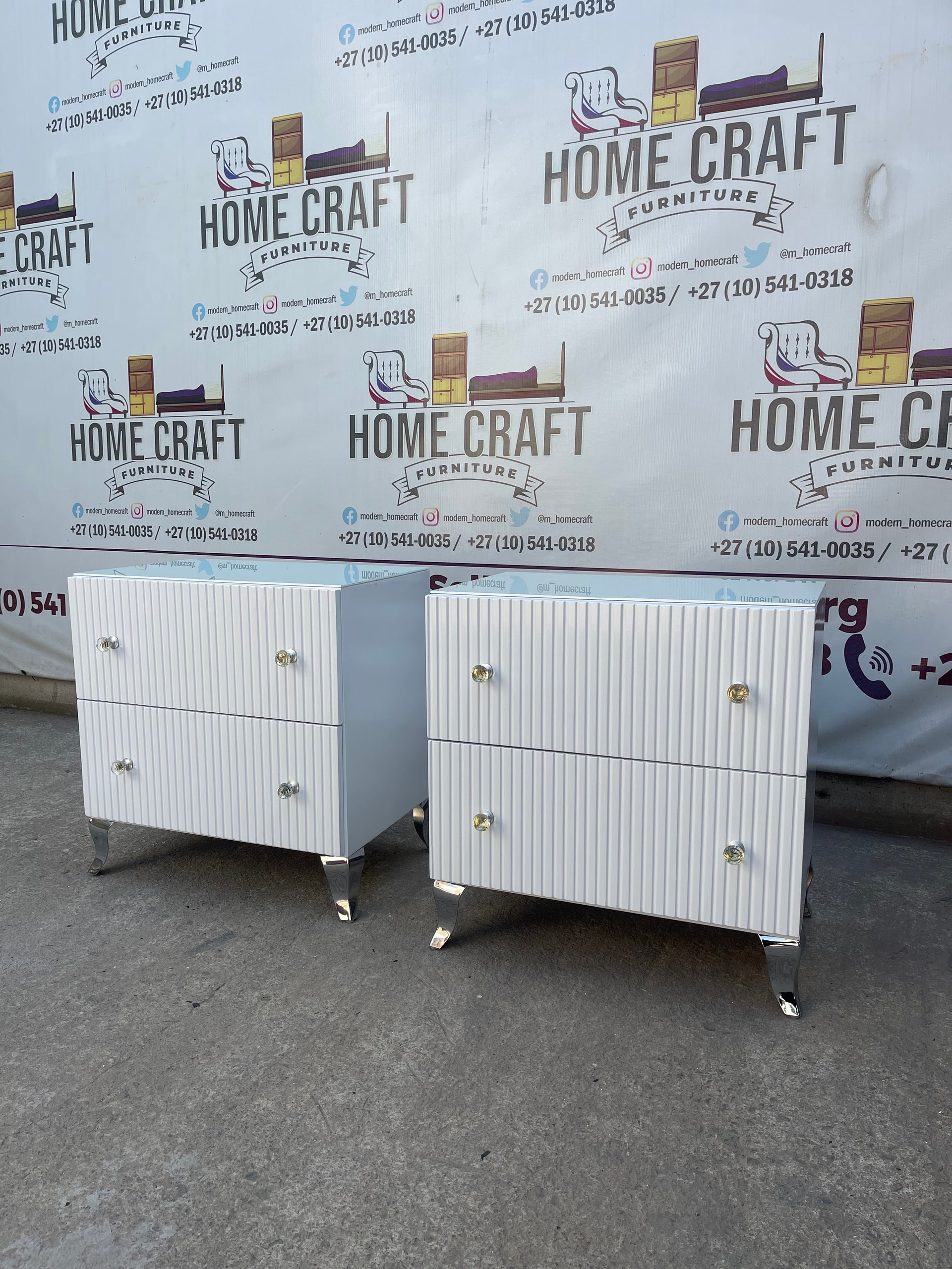 2 Drawer Pedestals With Lines, Legs & Double Glass Knob Handles.