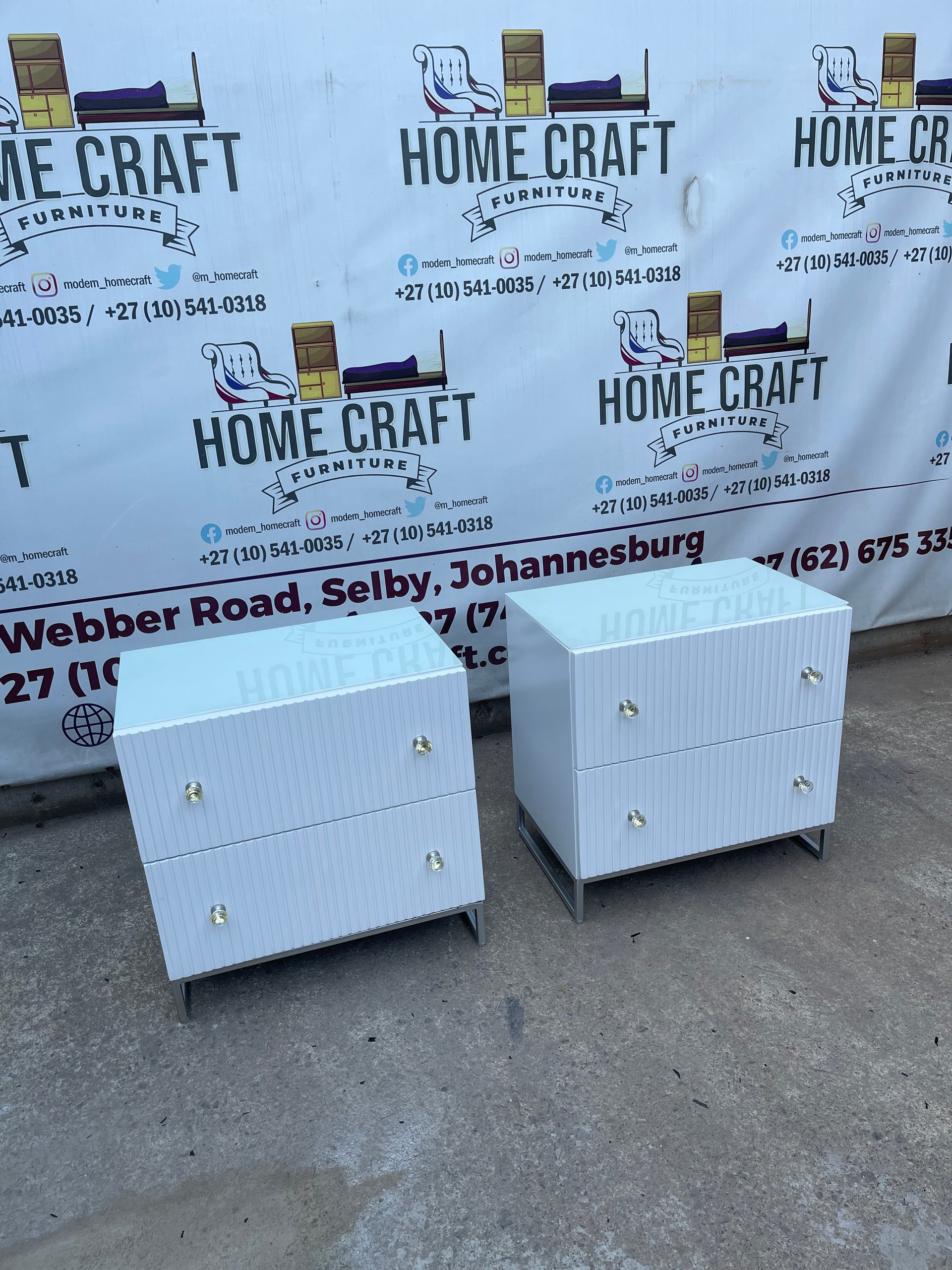 2 Drawer Pedestals With Lines & Double Glass Knob Handles With Steel Base Frame.