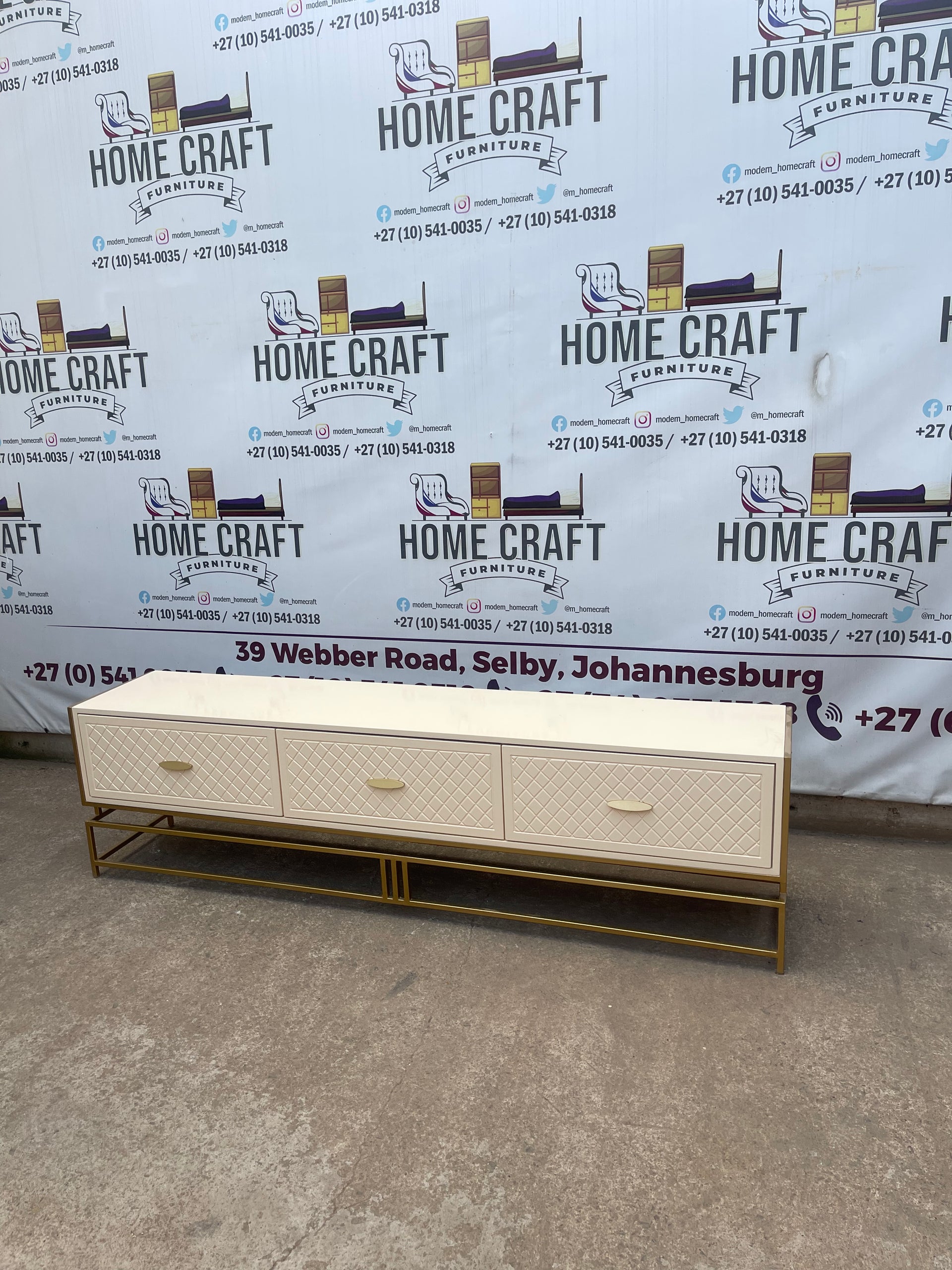 Gold Frame Tv Stand- 3 Drawers With Diamond Faces