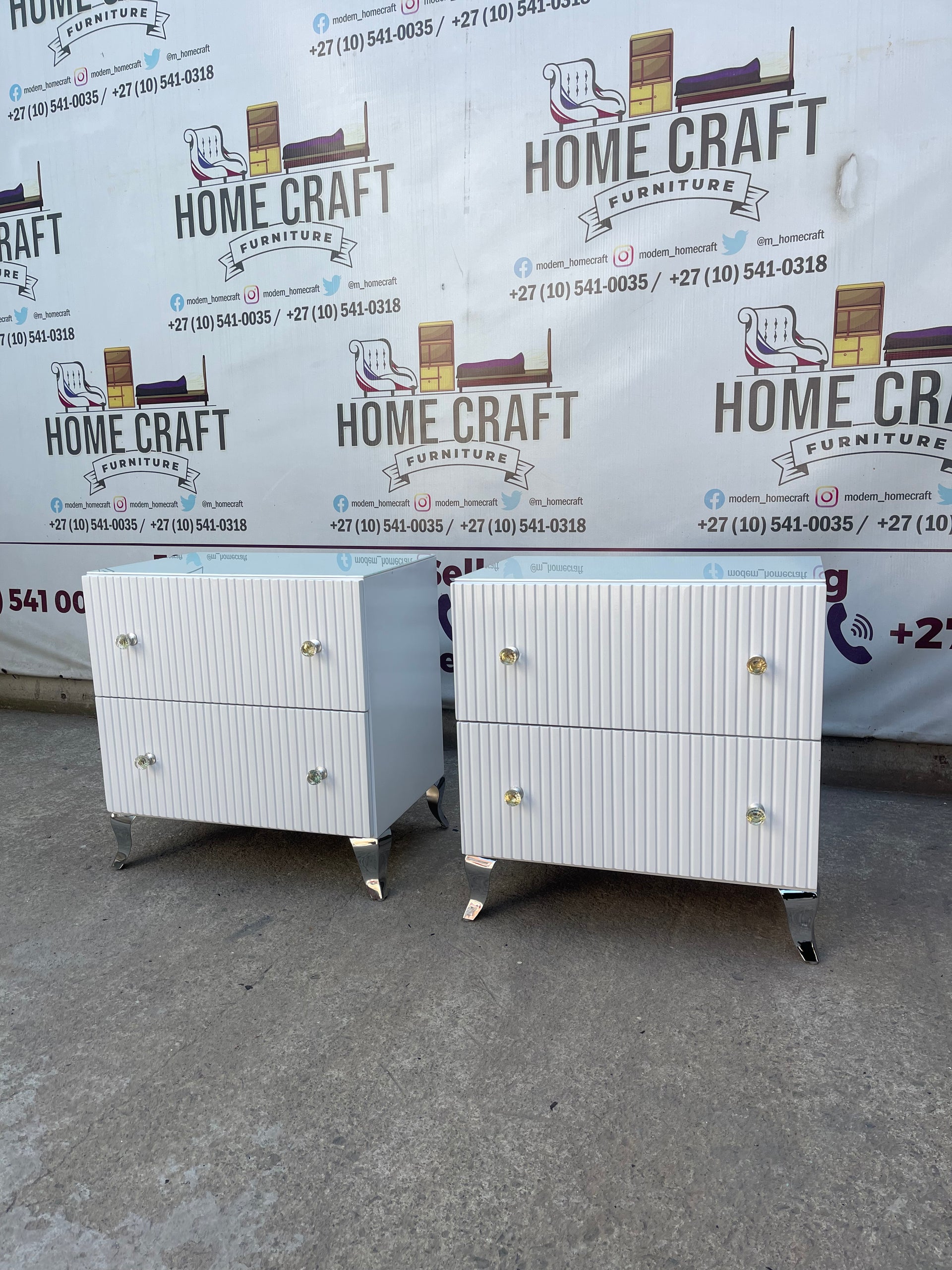 2 Drawer Pedestals With Lines, Legs & Double Glass Knob Handles.